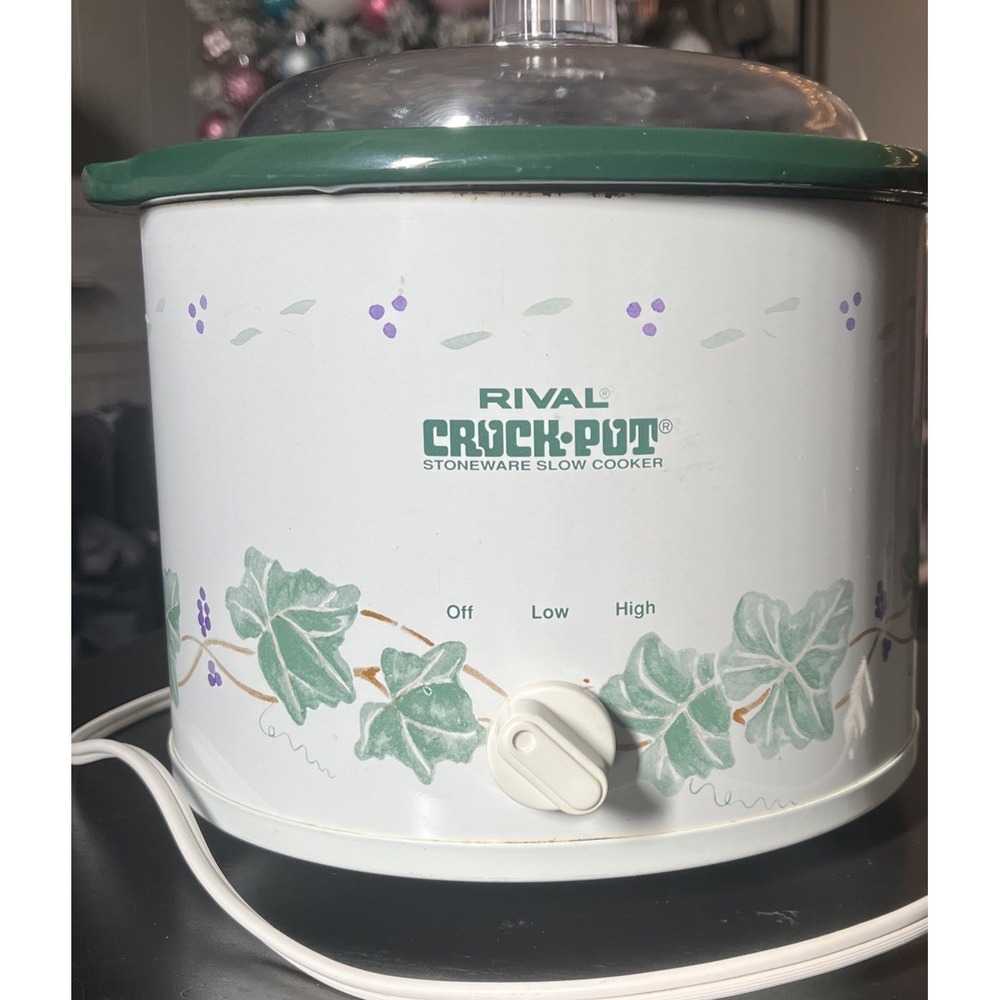 Rival Crock Pot Stoneware Slow Cooker 2.5 Qt Model 3120 Green Ivy Pattern.